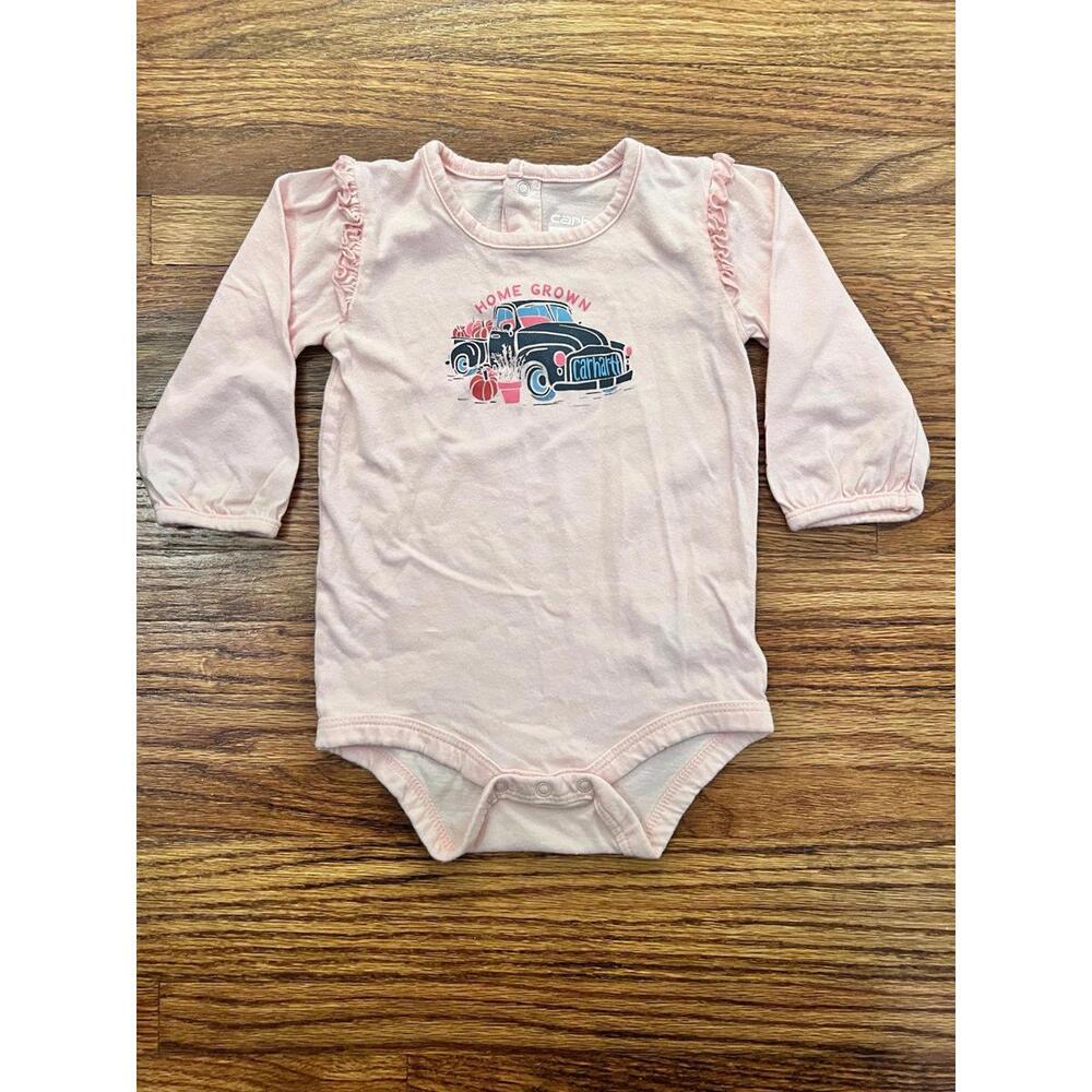 Carhartt Baby Girl Ruffle Sleeve Onesie w/ fall vintage truck, Home Grown, 9m